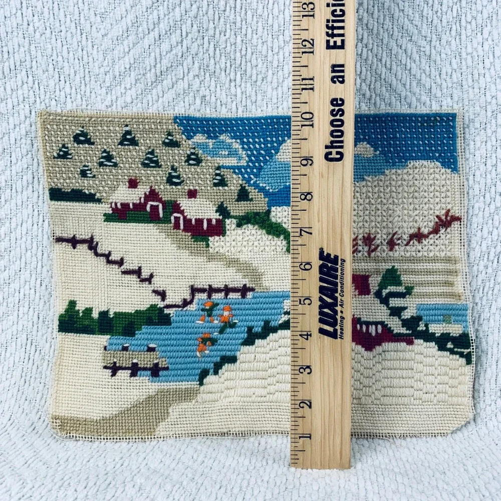Handmade Needlepoint Winter Village Scene Farm Red Barn Snow Folk Art Tapestry